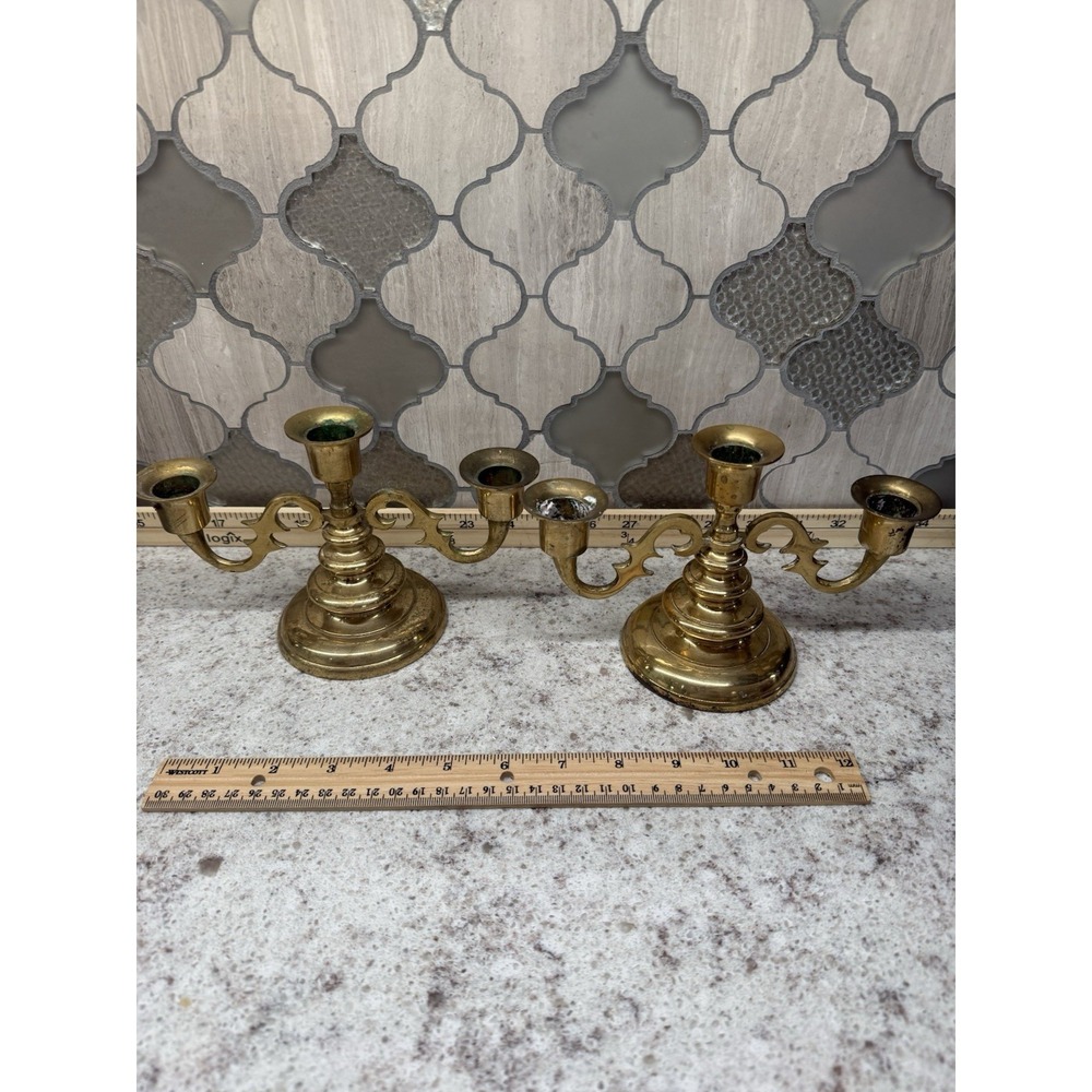Vintageβ Pair Brass Triple Candle Holders Candelabra 5"x 7" Made In Japan